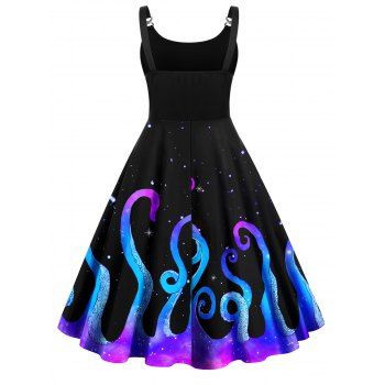 Plus Size Dress Galaxy Octopus Print A Line Dress Sleeveless Metal Twist Buckle Cami Dress