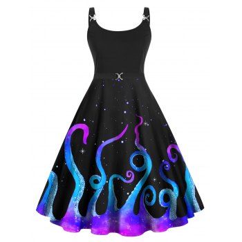 

Plus Size Dress Galaxy Octopus Print A Line Dress Sleeveless Metal Twist Buckle Cami Dress, Black