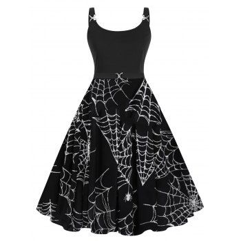 

Plus Size Dress Halloween Spider Web Print A Line Dress Twisted Buckle High Waist Cami Dress, Black