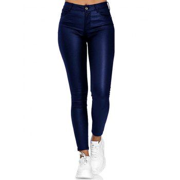 

PU Pants Skinny Pants Solid Color Pants Zipper Fly Pockets Long Pants, Deep blue