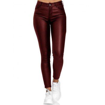 

PU Pants Skinny Pants Solid Color Pants Zipper Fly Pockets Long Pants, Deep red
