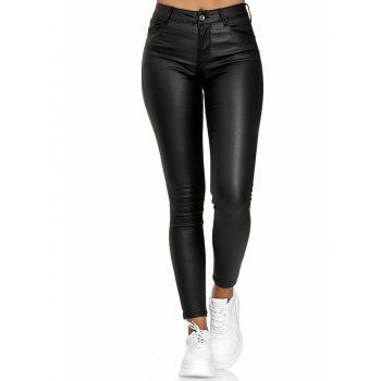 

PU Pants Skinny Pants Solid Color Pants Zipper Fly Pockets Long Pants, Black