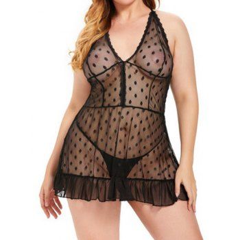 

Plus Size Lingerie Dress Polka Dot Lace Cut Out Flounce Lingerie Set, Black