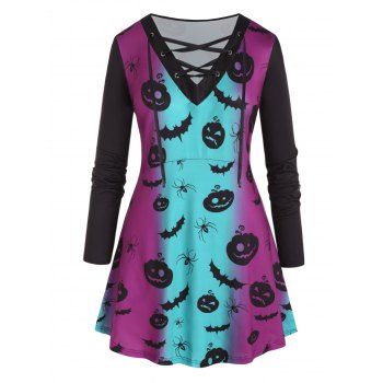 

Plus Size Halloween Pumpkin Bat Spider Ombre Print T-shirt Lace Up Long Sleeve Long Tee, Multicolor