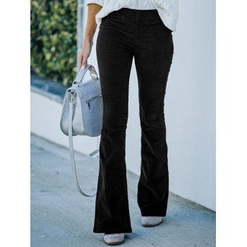 

Plain Color Flare Pants High Waist Zipper Fly Patch Pocket Long Pants, Black