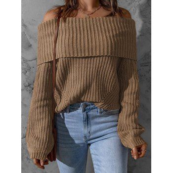 

Foldover Off The Shoulder Sweater Solid Color Long Sleeve Casual Sweater, Coffee