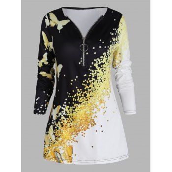 

Colorblock T Shirt Butterfly Print Long Sleeve T Shirt Half Zipper Casual Tee, Multicolor a