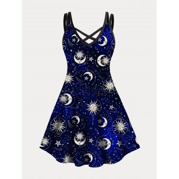 

Plus Size Dress Vintage Dress Crisscross Sun Moon Star Print A Line Mini Dress, Black
