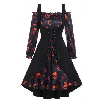 

Plus Size Halloween Dress Pumpkin Skull Bat Cat Print Ruffle A Line Mini Dress And Lace Up Slit Tank Top Set, Black