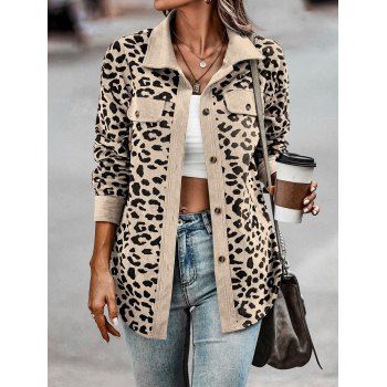 

Leopard Print Shacket Textured Mock Pocket Long Sleeve Button Up Jacket, Light coffee