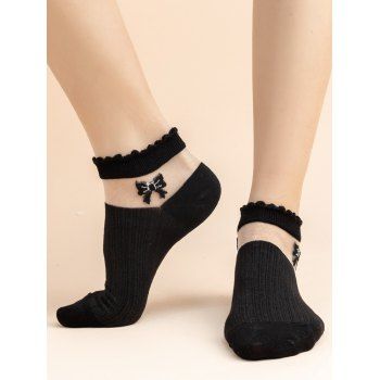 

Bowknot Sheer Lace Panel Ankle Socks, Black