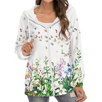 

Fresh Style Hoodie Flower Leaf Butterfly Print Pockets Zip Up Sweatshirt With Hood, White