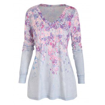 

Floral Print T Shirt V Neck Long Sleeve Casual Tee, Light gray