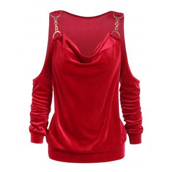 

Cold Shoulder Velour Top Metal D-ring Chain Long Sleeve Cowl Neck Top, Red