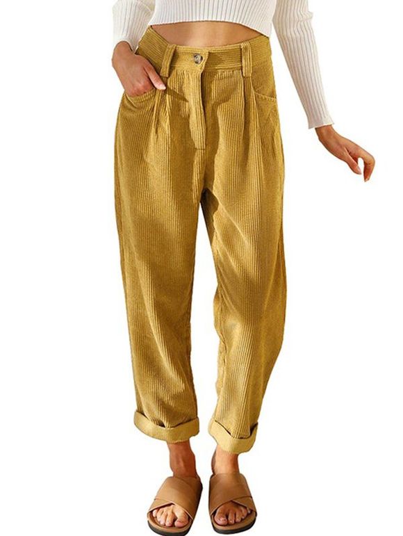 Pantalon Simple Zippé Texturé à Jambe Droite avec Poches en Velours Côtelé - Jaune L