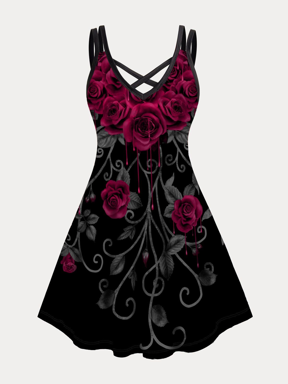 Mini Robe Ligne A Gothique à Imprimé Feuille et Rose de Grande Taille - Noir XL