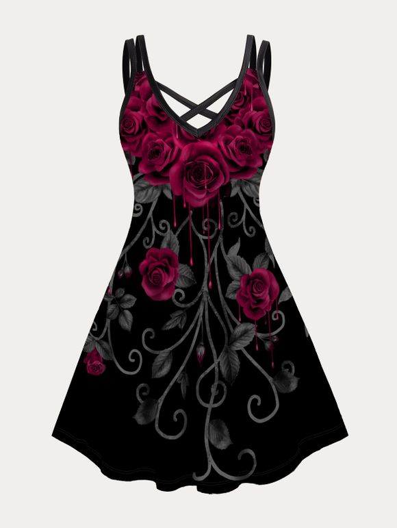 Mini Robe Ligne A Gothique à Imprimé Feuille et Rose de Grande Taille - Noir 5XL
