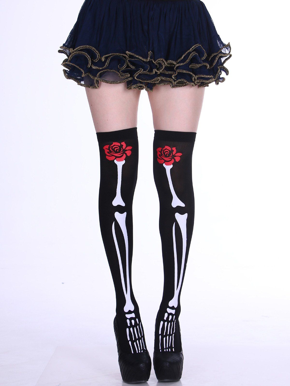 Chaussettes Elastique Gothique Mi-Mollet Motif de Squelette et de Rose - Noir ONE SIZE