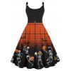 Robe D'Halloween Ligne A Tordue à Imprimé Crâne Chauve-souris à Carreaux Grande Taille - Orange L