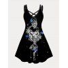 Mini Robe Ligne A Gothique Croisée à Imprimé Fleur Papillon Crâne de Grande Taille - Noir 2XL