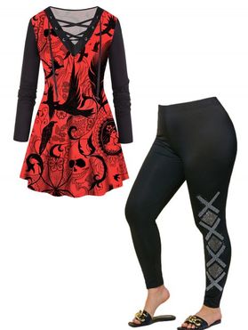 Plus Size Skull Bat Flower Print Lace Up T Shirt And Plaid High Waisted Pants Halloween Outfit
