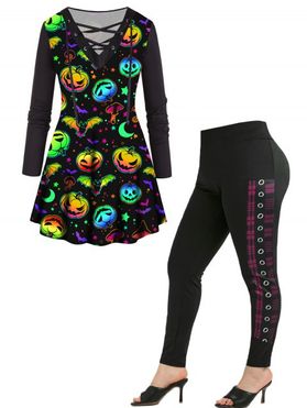 Plus Size Pumpkin Bat Mushroom Print Lace Up T Shirt And Plaid High Waisted Pants Halloween Outfit