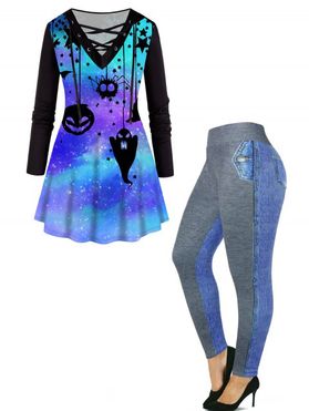 Plus Size Galaxy Pumpkin Ghost Star Print Lace Up T Shirt And Faux Demin Spliced 3D Print Leggings Casual Outfit