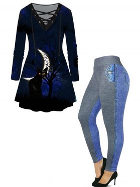 Plus Size Black Cat Tree Moon Galaxy Print Lace Up T Shirt And Faux Demin Spliced 3D Print Leggings Halloween Outfit