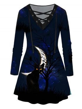 Plus Size T Shirt Halloween Black Cat Tree Moon Galaxy Print Lace Up T-shirt Long Sleeve Curve Tee