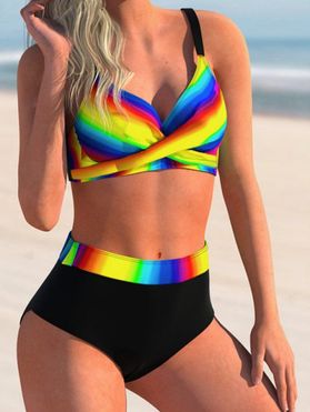 Beach Swimwear Rainbow Bikini Swimsuit Twisted Strap Vacation Bathing Suit