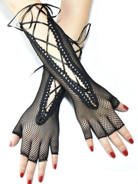 Lace Up Fingerless Fishnet Mesh Long Gloves Punk Party Costume Gloves