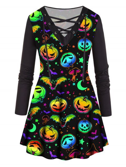 Plus Size T Shirt Pumpkin Bat Mushroom Print Lace Up V Neck Long Sleeve Halloween Tee