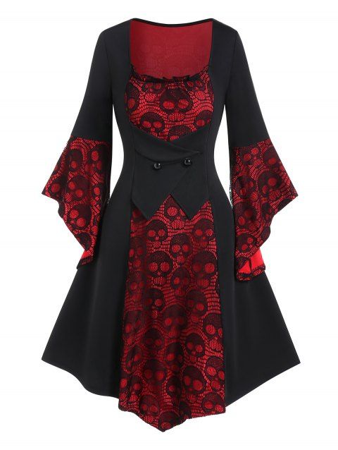 Sheer Skull Lace Insert Gothic Dress Colorblock Mock Button Lace Up Asymmetric Dress