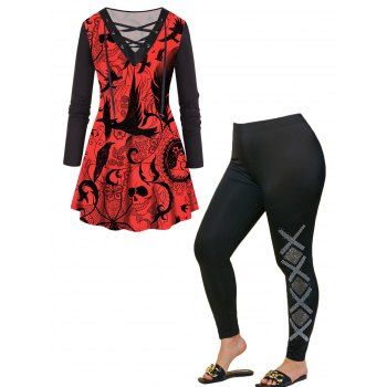 

Plus Size Skull Bat Flower Print Lace Up T Shirt And Plaid High Waisted Pants Halloween Outfit, Multicolor