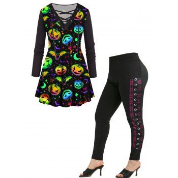 

Plus Size Pumpkin Bat Mushroom Print Lace Up T Shirt And Plaid High Waisted Pants Halloween Outfit, Black