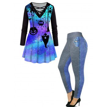 

Plus Size Galaxy Pumpkin Ghost Star Print Lace Up T Shirt And Faux Demin Spliced 3D Print Leggings Casual Outfit, Multicolor