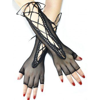 

Lace Up Fingerless Fishnet Mesh Long Gloves Punk Party Costume Gloves, Black