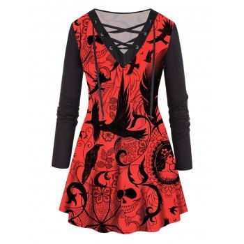 

Plus Size T Shirt Halloween T Shirt Skull Bat Flower Print Lace Up Long Sleeve Tee, Black