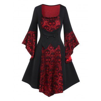 

Sheer Skull Lace Insert Gothic Dress Colorblock Mock Button Lace Up Asymmetric Dress, Black