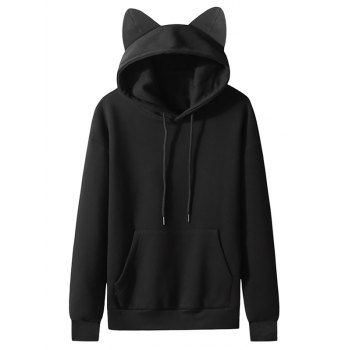 

Cute Fleece Lining Hoodie With Cat Ear Pure Color Kangaroo Pocket Drawstring Hoodie, Black