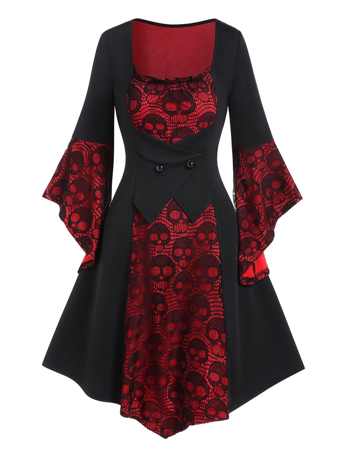 Sheer Skull Lace Insert Gothic Dress Colorblock Mock Button Lace Up Asymmetric Dress - BLACK XL