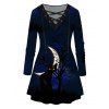 T-shirt D'Halloween à Imprimé Chat Noir et Lune à Manches Longues Grande Taille - Bleu profond L