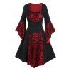 Sheer Skull Lace Insert Gothic Dress Colorblock Mock Button Lace Up Asymmetric Dress - BLACK XL