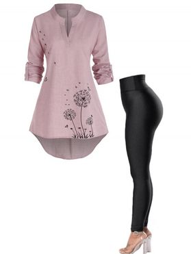 Butterfly Dandelion Print Notched High Low Blouse And Topstitching Leggings Casual Outfit