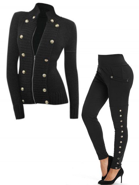 Mock Button Zip Up Ribbed Zip Up Cardigan And High Waist Skinny Leggings Outfit