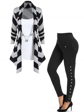 Asymmetric Chevron Graphic Butterfly Chain Knit Faux Twinset Top And High Waist Snap Button Skinny Leggings Outfit