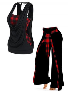 Plaid Print Cowl Neck Draped Tie Back Tops And Faux Bowknot Belt Wide Leg Pants Two Piece Outfit