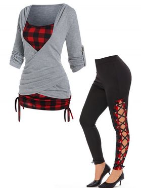 Plaid Print Crossover Cinched Tie Long Sleeve Faux Twinset T Shirt And High Rise Lace Up Plaid Pants Outfit