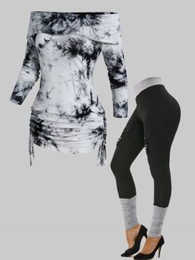 Tie Dye Foldover Ruched Cinched T Shirt And Buckled Pockets Colorblock Leggings Casual Outfit