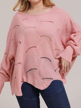 Plus Size Sweater Batwing Sleeve Asymmetric Sweater Hollow Out Solid Color Curve Sweater